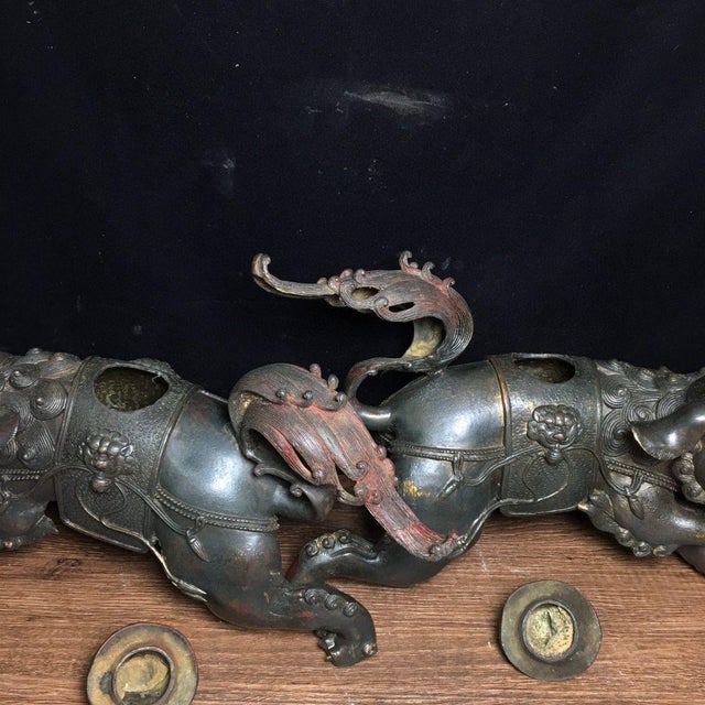 Pair of Large Bronze Guardian Lion Incense Burners – 15" Foo Dog Censers With Ball & Cub For Sale In Los Angeles - Image 6 of 9