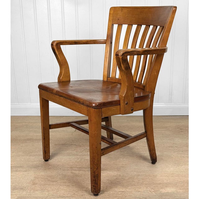 1940s Antique Traditional Mahogany Wood Bankers Library Arm Chair For Sale - Image 5 of 16