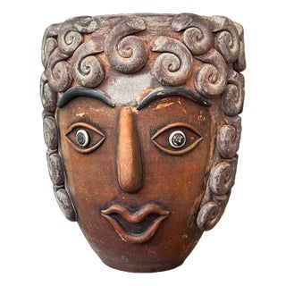 1960s Monumental Handcrafted Mexican Terra Cotta Janus Head Planter / Vessel With Spiral Relief Motif For Sale