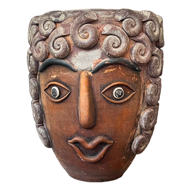 1960s Monumental Handcrafted Mexican Terra Cotta Janus Head Planter / Vessel With Spiral Relief Motif For Sale