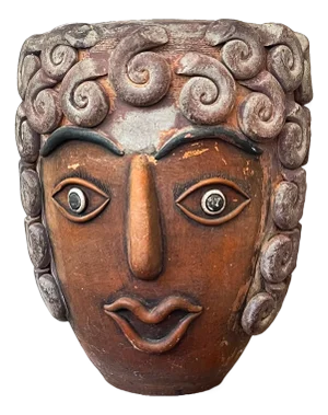 1960s Monumental Handcrafted Mexican Terra Cotta Janus Head Planter / Vessel With Spiral Relief Motif
