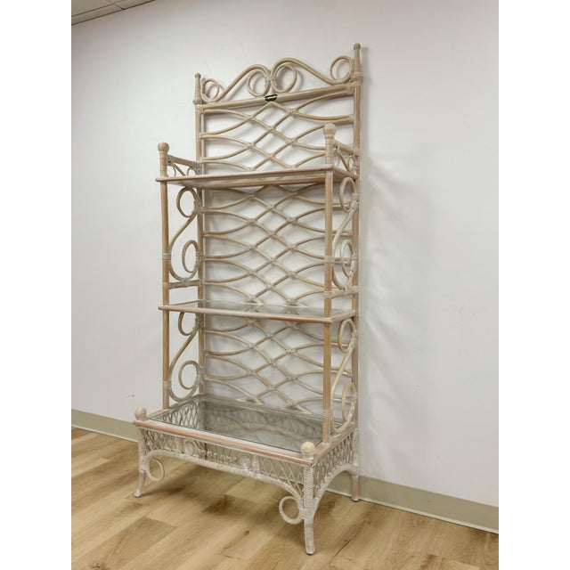 Hollywood Regency Vintage Etagere Henry Link Rattan Whitewash Three-Tier Glass Shelves Coastal For Sale - Image 3 of 16