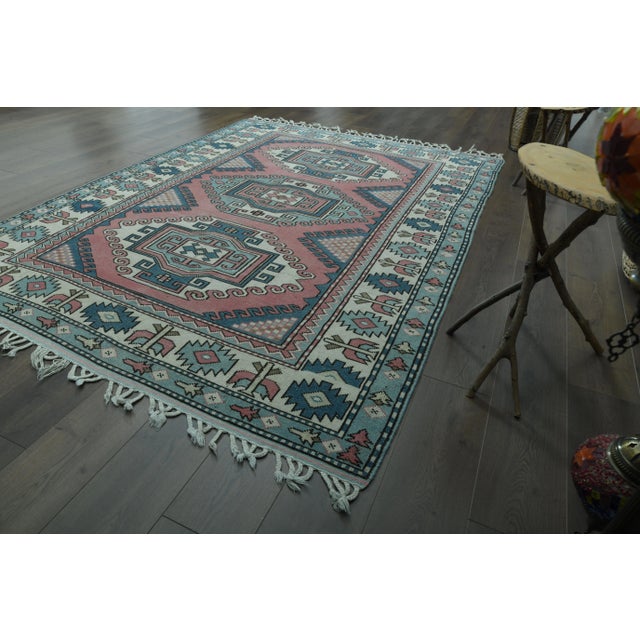 1970s Vintage Turkish Oushak Handmade Wool Cotton Pink Area Rug For Sale - Image 6 of 11