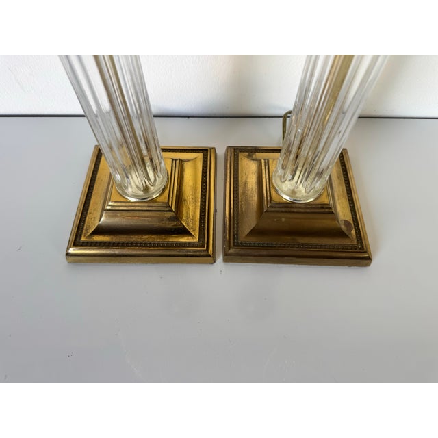 Vintage Paul Hanson Brass and Glass Column Table Lamps - a Pair For Sale - Image 9 of 11