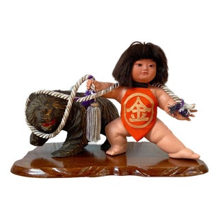 Vintage Japanese Kintarō Doll with Carved Wooden Bear, 1970s For Sale