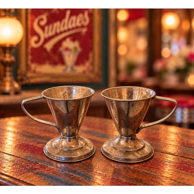 1910s Antique Vortex Art Deco Metal Soda Fountain Sundae Cup Holders – Pair For Sale - Image 5 of 6