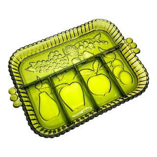 1960s Imperial Glass Co Cadmium Uv Reactive Charcuterie Tray Embossed Fruit Olive Green Glass 5 Relish Tray For Sale