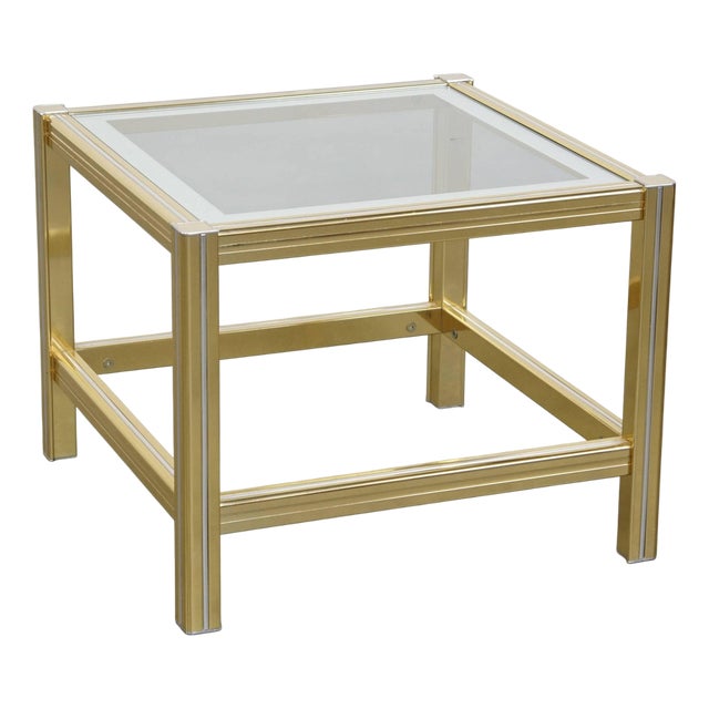 Vintage Hollywood Regency Side Table with Glass Top and Gold-Silver Mirror Edge For Sale