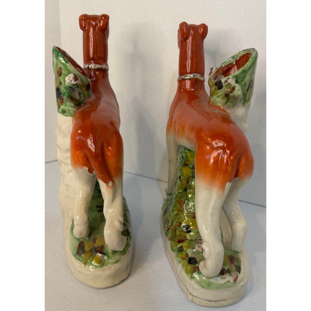 Orange Pair 19th Century Staffordshire Greyhound/ Whippet Dog Spill Vase Figurines For Sale - Image 8 of 11