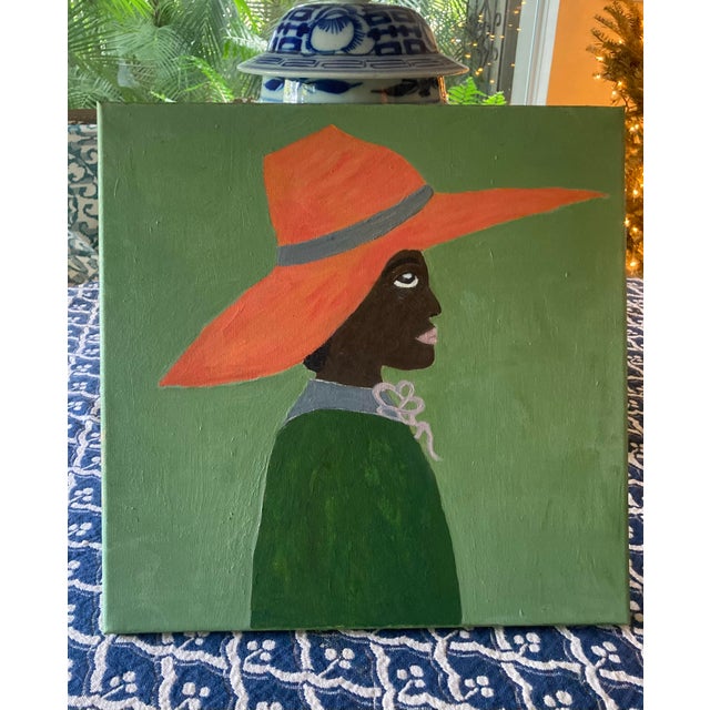 Original Folk art style painting in Acrylic of young girl with a beautifulstraw hat. This was painted on canvas and is...