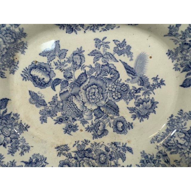 Antique 19th Century Light Blue Asiatic Pheasants Transfer-Ware Serving Platter From England - Circa 1880 For Sale - Image 4 of 12