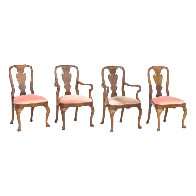 Queen Anne Style Walnut Dining Chairs, 4 For Sale