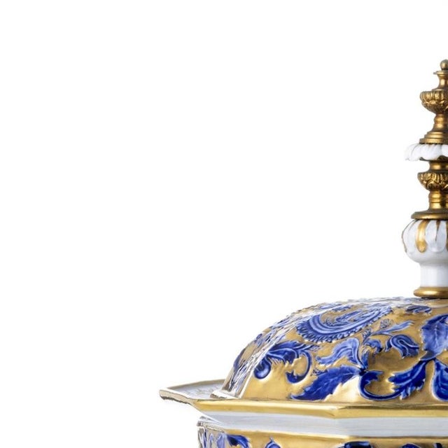 Porcelain - Tureen - Sevres. In 20th-century French porcelain; decorated in shades of blue and gold with vegetal elements....