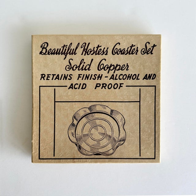Cute Vintage 1950s–60s Solid Copper Coasters, Set of 4 With Original Box For Sale - Image 9 of 10
