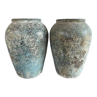 Large Rustic Textured Terracotta Amphora Vessels – Pair of Aged Mediterranean For Sale