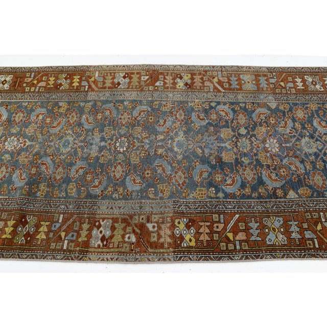 Traditional 19th Century Antique Malayer Wool Runner Rug With Slate Blue Field & Rust Border For Sale - Image 3 of 10