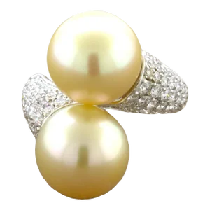 South Sea Golden Pearl Diamond 18K White Gold Bypass Ring, Size 7