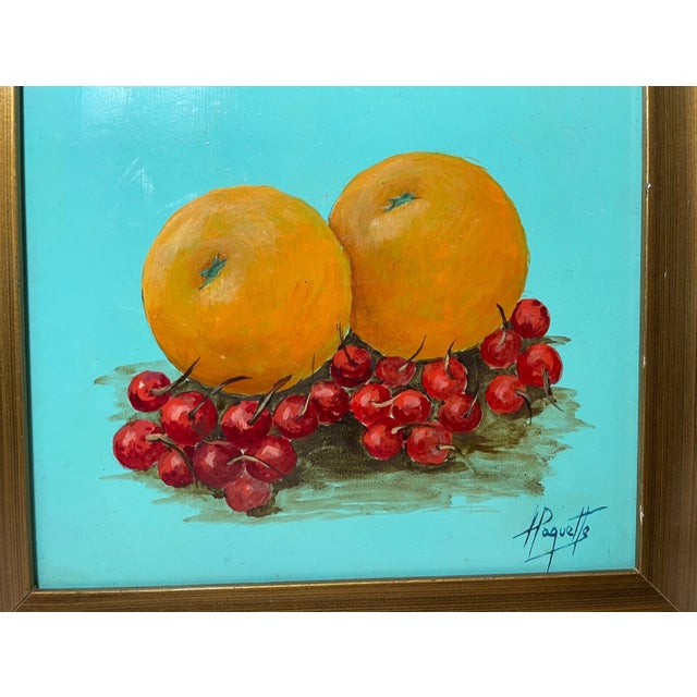 1980s Vintage H Pauquette Fruit Orange Cherry Still Life Realism Oil Painting on Board For Sale - Image 5 of 10