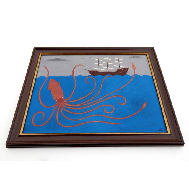 Matt Rix, Naive Style Giant Squid & Sail Ship, Oil on Board, Framed For Sale - Image 14 of 15