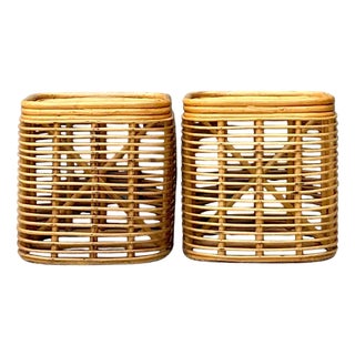 Vintage Woven Rattan Side Tables - Pair For Sale