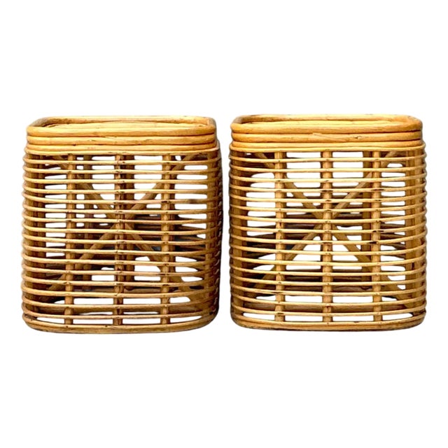 Vintage Woven Rattan Side Tables - Pair For Sale