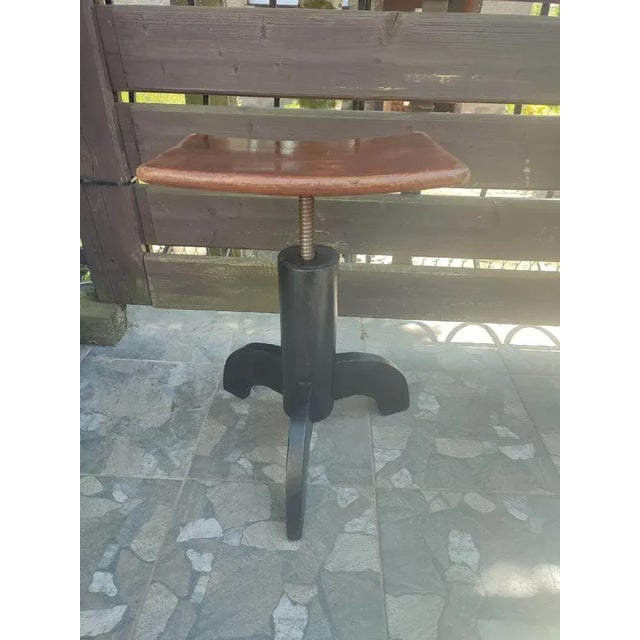 Pre-war wooden stool, workshop chair, dimensions height 54 cm, width 37.5 cm, depth 28.5 cm.
