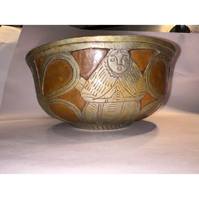 Metal Mid Century Hand Hammered Indo Persian Bowl With Female Figure For Sale - Image 7 of 9