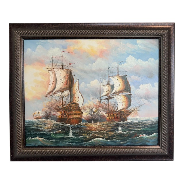 Original Marine Naval Battle Oil Painting Sailing Ships Seascape Framed, Signed For Sale