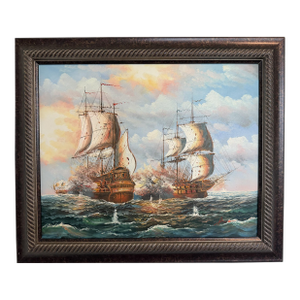 Original Marine Naval Battle Oil Painting Sailing Ships Seascape Framed, Signed