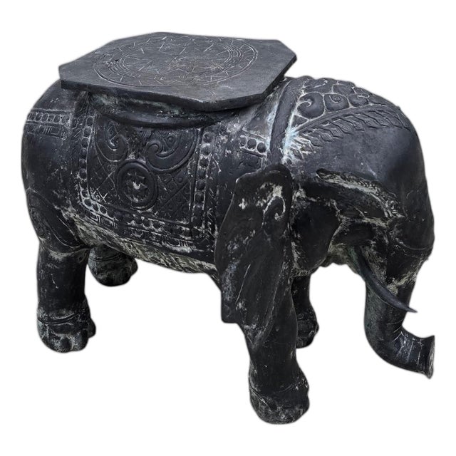 Antique Balinese Finely Detailed Patina Hammered Bronze Saddled Elephant Plant-Stand/Cocktail Table For Sale