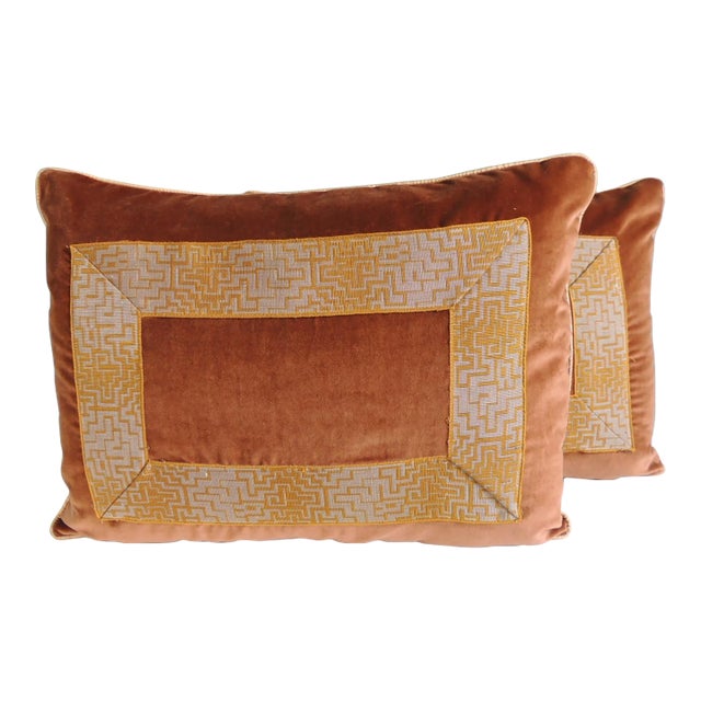 Deco Style French Silk Velvet & Trim Decorative Bolster Pillows - A Pair For Sale