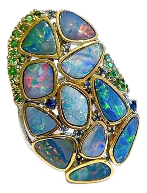 Bochic “Orient” Vintage Sapphire, Garant & Blue Opal Set In 18K Gold & Silver