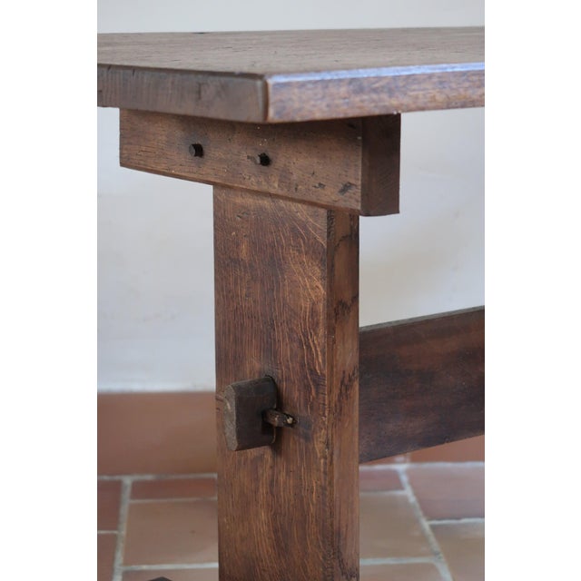 Rustic Oak Side Table with Pegged Trestle Base, France, 1950s For Sale - Image 3 of 12