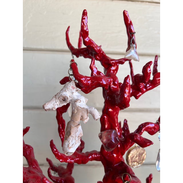 Wunderkammer-Style High-Quality Faux Red Coral Decorative Sculpture With Antique Pendants Handpainted Vase & Marble Base For Sale - Image 14 of 17