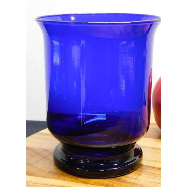 Mid-Century Modern 2pc Art Glass Collection: Signed Orrefors Green Bowl & Cobalt Blue Hurricane For Sale - Image 3 of 11