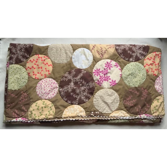 Hippie-Chic Japanese Cotton Medallion Quilt — Chocolate Brown & Pink Floral Circles, Hand Quilted, 66x88in. For Sale - Image 15 of 18