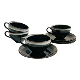 Mid 20th Century Mid Century Modern Brown Drip Glaze Mugs and Saucers - Set of 4 For Sale