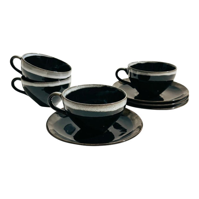 Mid 20th Century Mid Century Modern Brown Drip Glaze Mugs and Saucers - Set of 4 For Sale