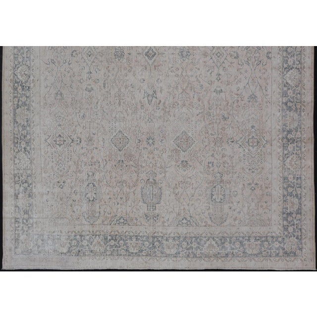 Tribal Vintage Turkish Oushak Rug, Distressed Floral Design, Cream & Blue 9'5 X 11'10 For Sale - Image 3 of 16