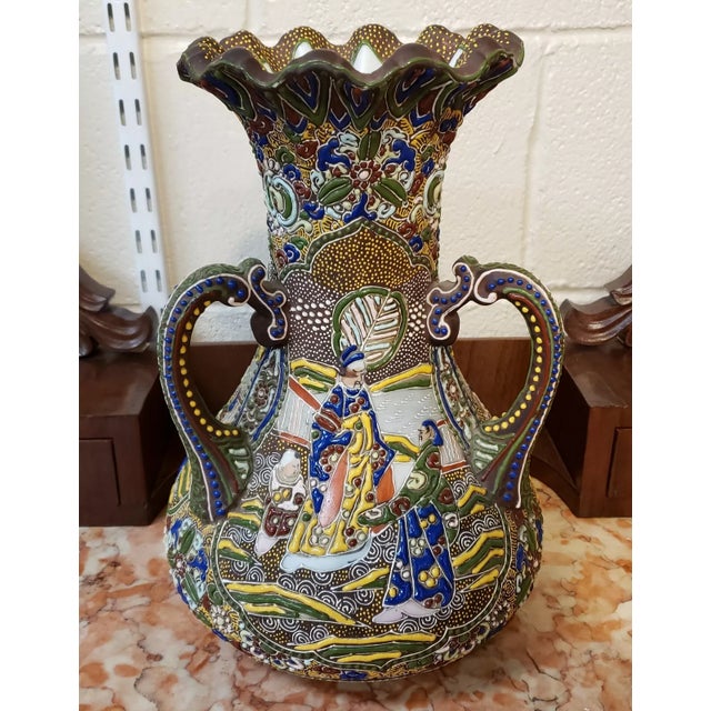 Mid 20th Century Circa 1950 Japanese Satsuma Style Porcelain Moriage Figural Motifs Three-Handled Vase (Showa Period) For Sale - Image 5 of 8