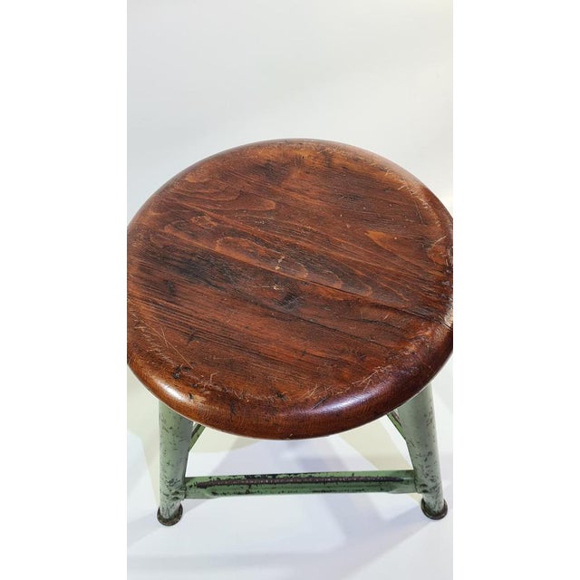 Industrial Stool in Dark Brown Wood and Green Metal, Germany, 1950s For Sale - Image 13 of 14