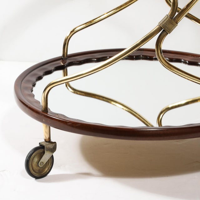Mid-Century Modern Mid-Century Modernist Two-Tier Walnut, Polished Brass & Glass Serving Cart For Sale - Image 3 of 12