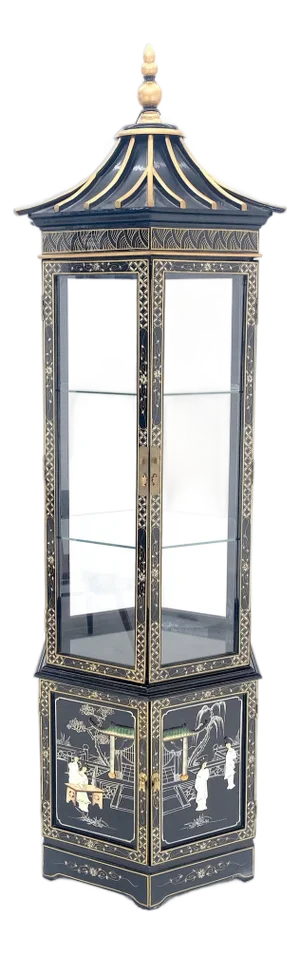 Chinese Black Lacquer Round Hexagon Pagoda Top Mother of Pearl Showcase Display