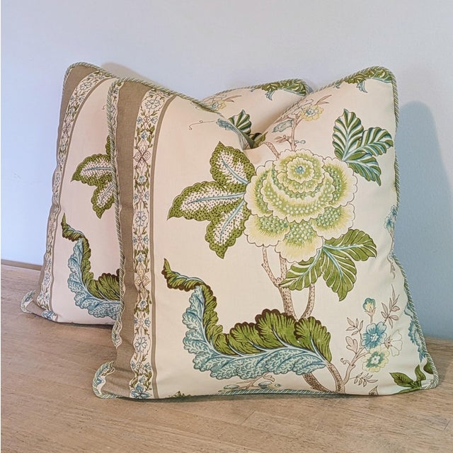 Textile Brunschwig & Fils Bellary Floral Pillows in Aqua/Taupe With Multi Cord For Sale - Image 7 of 7