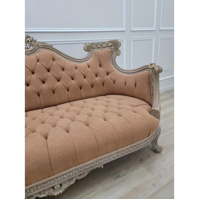 1970s Vintage French Rococo Sofa – Tufted Louis XV Style Couch in Textured Linen Fabric, Ornate Carved Wood Settee, Warm Terracotta For Sale - Image 5 of 11