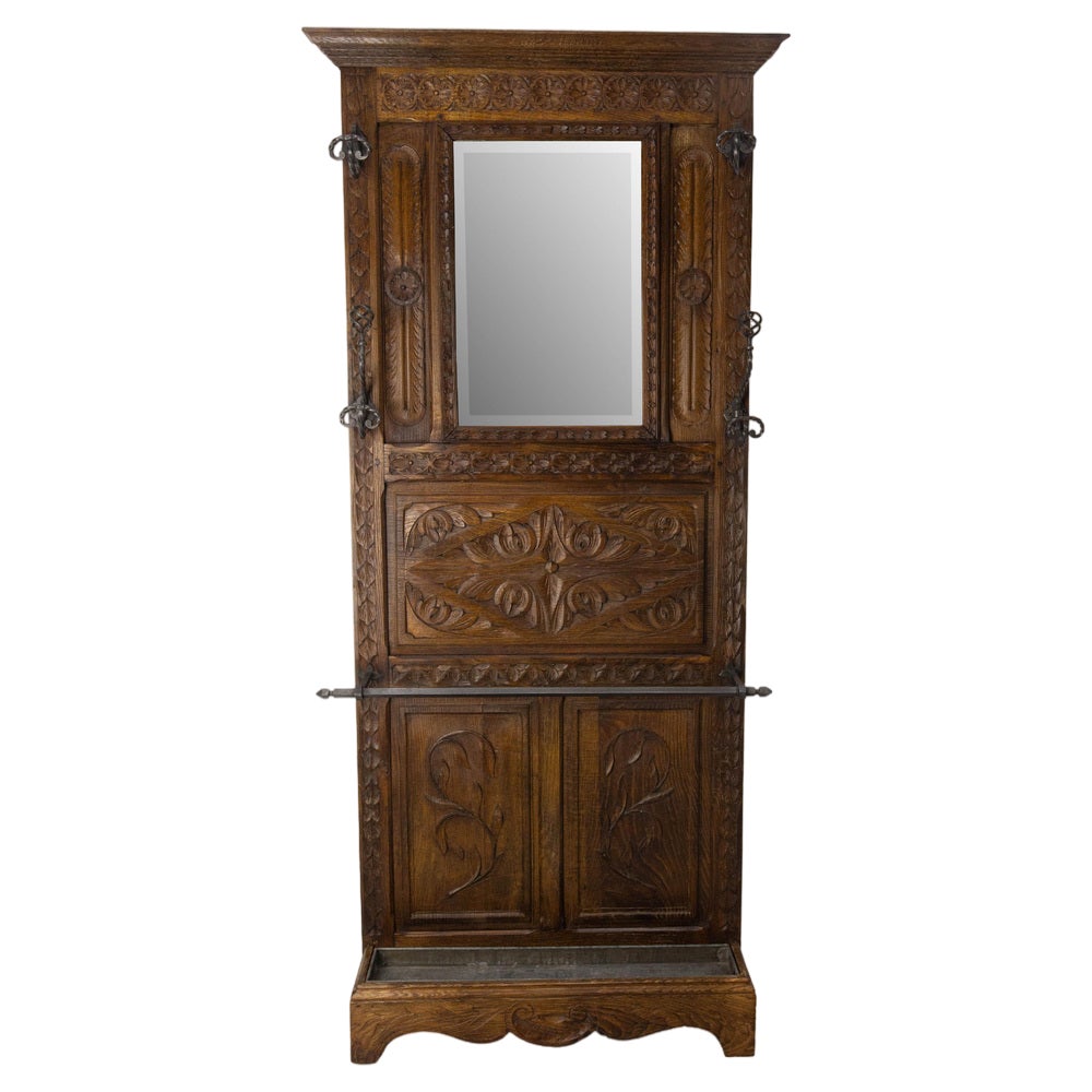French Gothic Coat Rack in Chestnut with Mirror, 1890s | Chairish