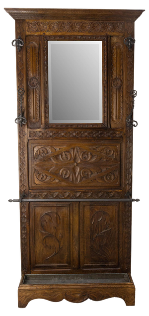 French Gothic Coat Rack in Chestnut with Mirror, 1890s