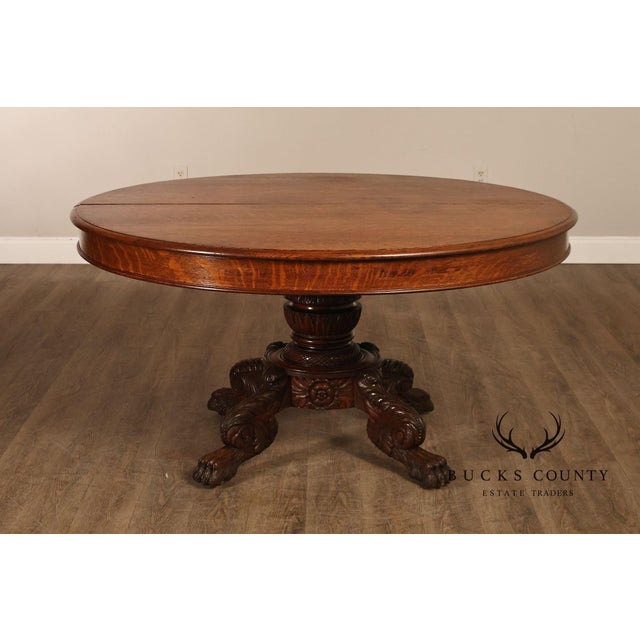 Early 20th Century Antique 57" Round Oak Pedestal Dining Table With Carved Claw Feet For Sale - Image 5 of 18