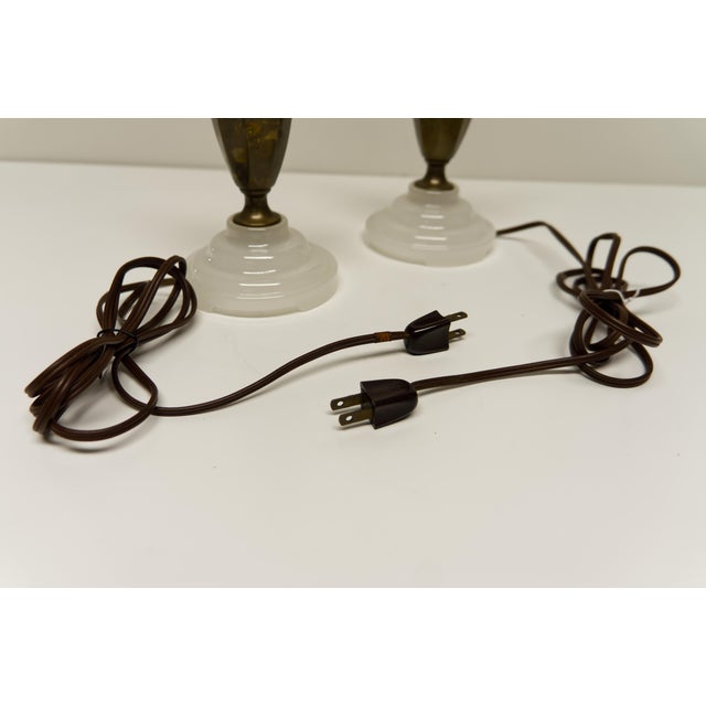 Metal Small Brass Urn Table Lamps With Opal Glass Bases a Pair For Sale - Image 7 of 7