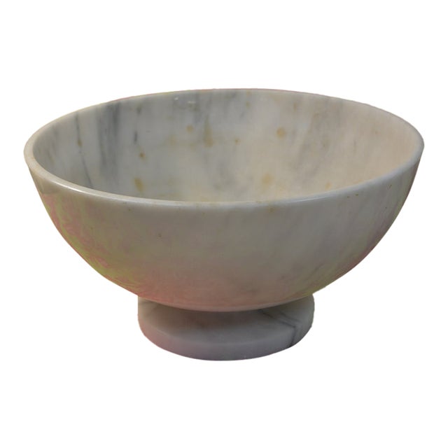 Huge White / Gray Veined Round Marble Pedestal Bowl Deep Compote - Centerpiece For Sale